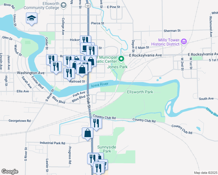 map of restaurants, bars, coffee shops, grocery stores, and more near 299 Park Avenue in Iowa Falls