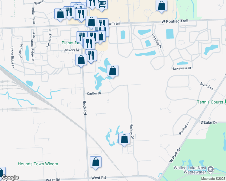map of restaurants, bars, coffee shops, grocery stores, and more near Cartier in Novi