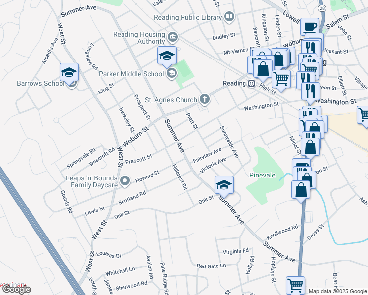 map of restaurants, bars, coffee shops, grocery stores, and more near 276 Summer Avenue in Reading
