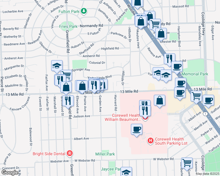 map of restaurants, bars, coffee shops, grocery stores, and more near 4030 West 13 Mile Road in Royal Oak