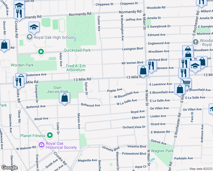 map of restaurants, bars, coffee shops, grocery stores, and more near 3038 Columbus Avenue in Royal Oak