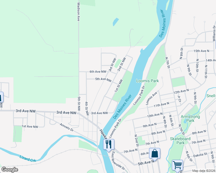 map of restaurants, bars, coffee shops, grocery stores, and more near 430 2nd Street Northwest in Fort Dodge