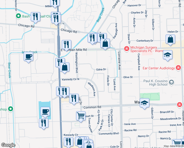 map of restaurants, bars, coffee shops, grocery stores, and more near 8328 Karam Boulevard in Warren