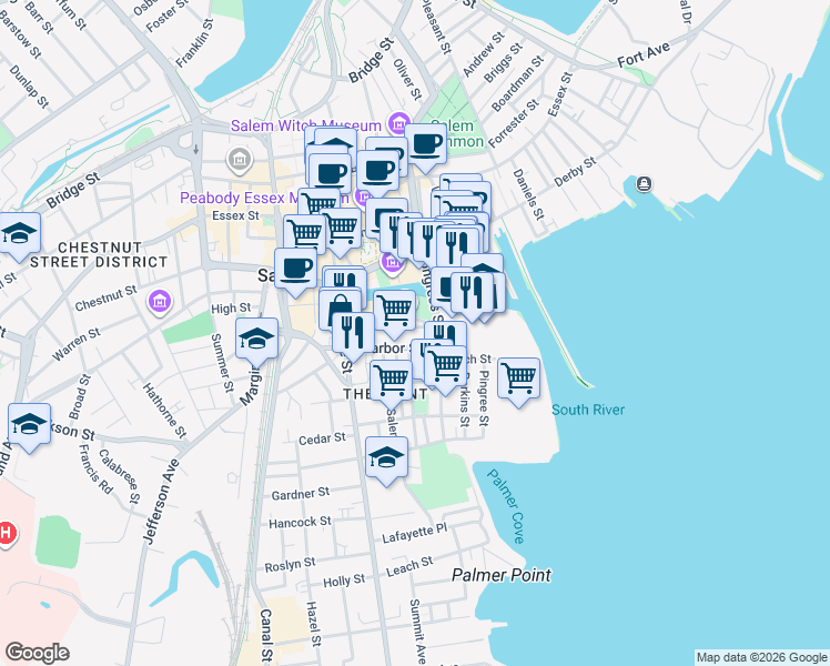 map of restaurants, bars, coffee shops, grocery stores, and more near 56 Harbor Street in Salem
