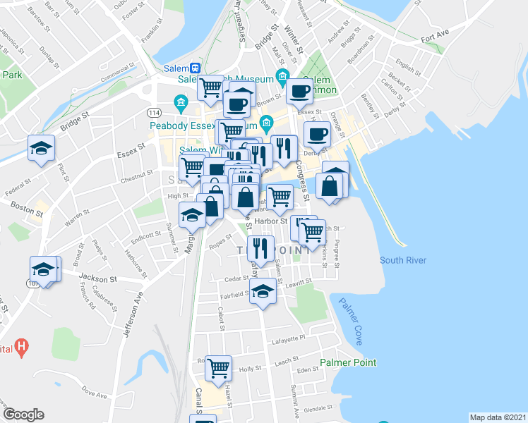 map of restaurants, bars, coffee shops, grocery stores, and more near 32 Harbor Street in Salem