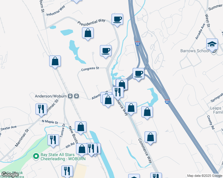map of restaurants, bars, coffee shops, grocery stores, and more near 120 Commerce Way in Woburn