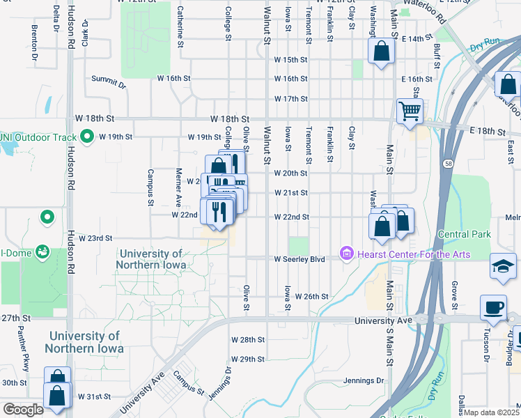 map of restaurants, bars, coffee shops, grocery stores, and more near 710 West 22nd Street in Cedar Falls