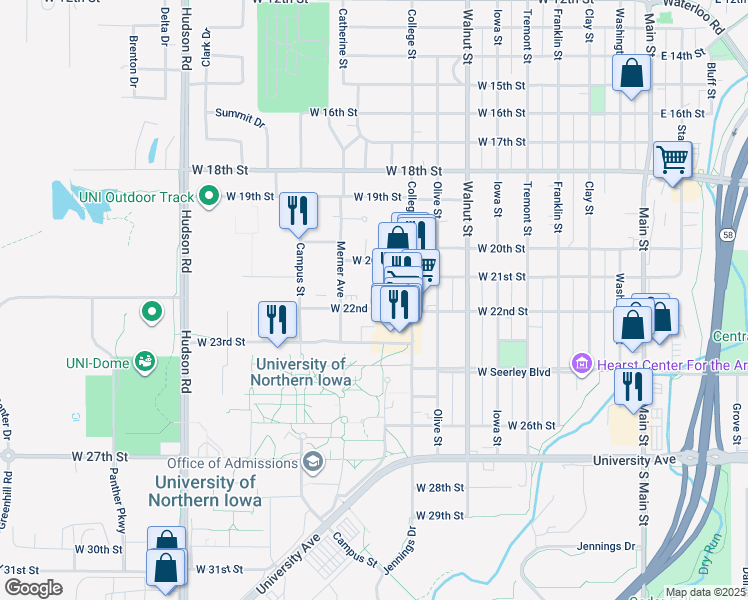 map of restaurants, bars, coffee shops, grocery stores, and more near 1010 West 22nd Street in Cedar Falls
