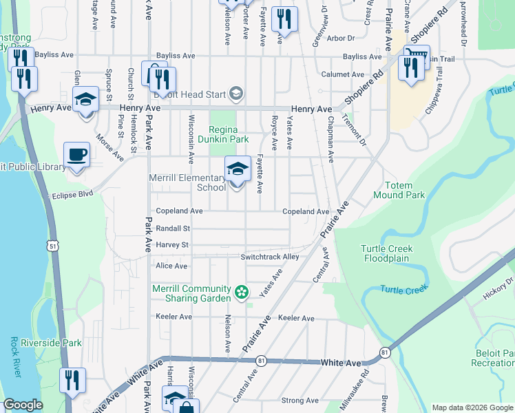map of restaurants, bars, coffee shops, grocery stores, and more near 1417 Copeland Avenue in Beloit