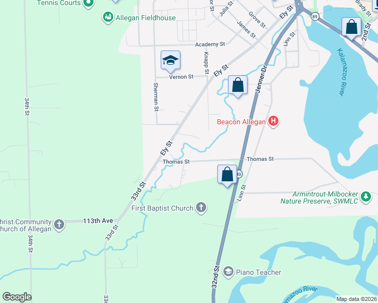 map of restaurants, bars, coffee shops, grocery stores, and more near 333 Thomas Street in Allegan