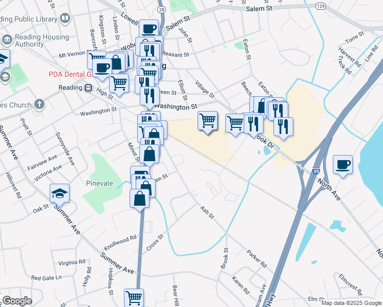 map of restaurants, bars, coffee shops, grocery stores, and more near 232 Ash Street in Reading