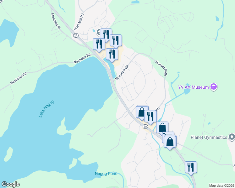map of restaurants, bars, coffee shops, grocery stores, and more near Great Road in Acton