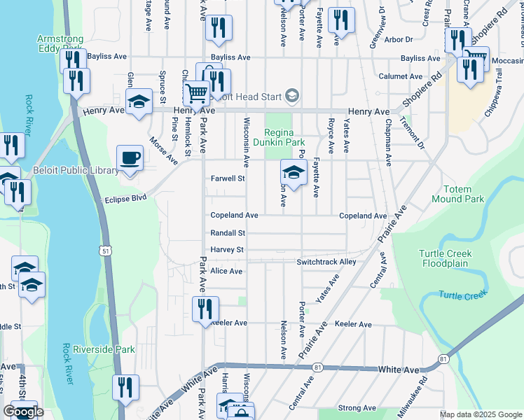 map of restaurants, bars, coffee shops, grocery stores, and more near 1113 Randall Street in Beloit