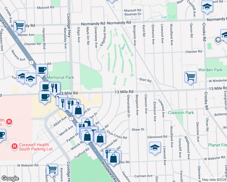 map of restaurants, bars, coffee shops, grocery stores, and more near 2715 Bamlet Road in Royal Oak