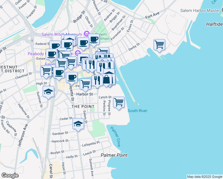map of restaurants, bars, coffee shops, grocery stores, and more near 27-47 Congress Street in Salem