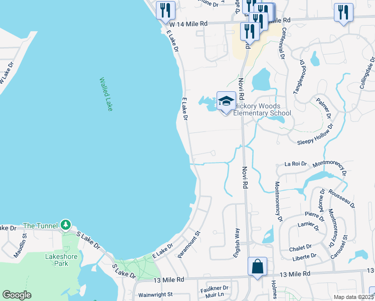 map of restaurants, bars, coffee shops, grocery stores, and more near 1353 East Lake Drive in Novi