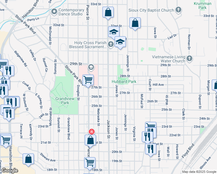 map of restaurants, bars, coffee shops, grocery stores, and more near 2704 Jackson Street in Sioux City