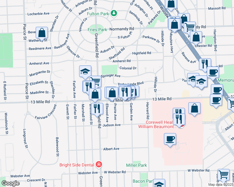 map of restaurants, bars, coffee shops, grocery stores, and more near in Royal Oak