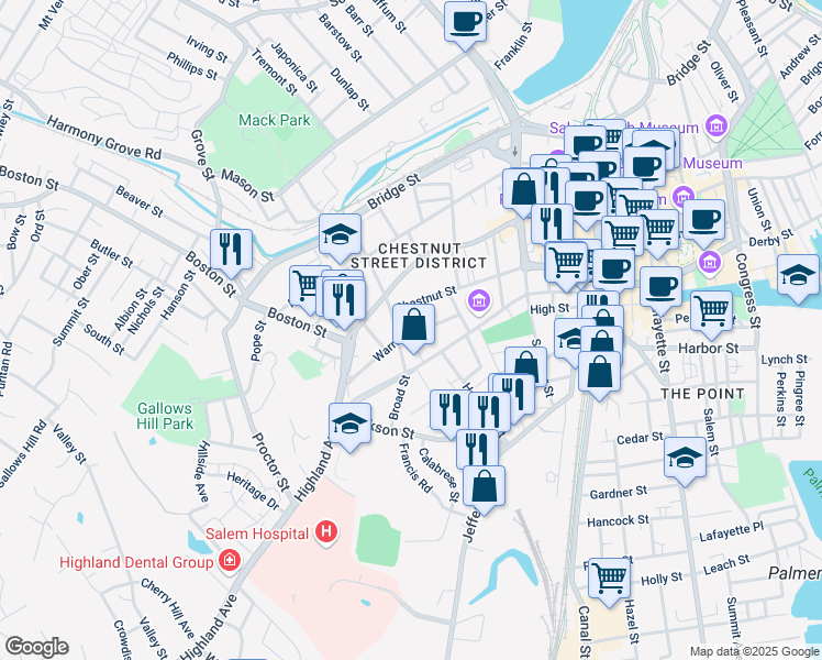map of restaurants, bars, coffee shops, grocery stores, and more near 33 Warren Street in Salem