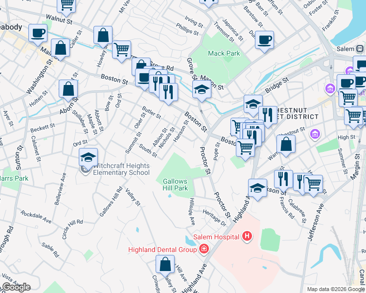 map of restaurants, bars, coffee shops, grocery stores, and more near 10 Grafton Street in Salem