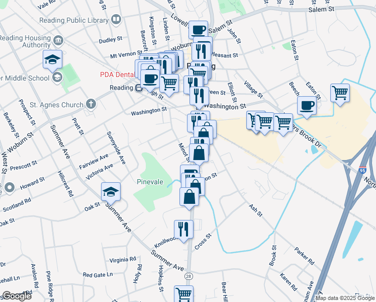 map of restaurants, bars, coffee shops, grocery stores, and more near 13 Pine Avenue in Reading