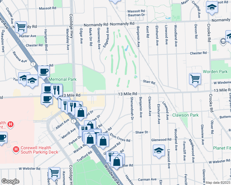 map of restaurants, bars, coffee shops, grocery stores, and more near 2715 Bamlet Road in Royal Oak