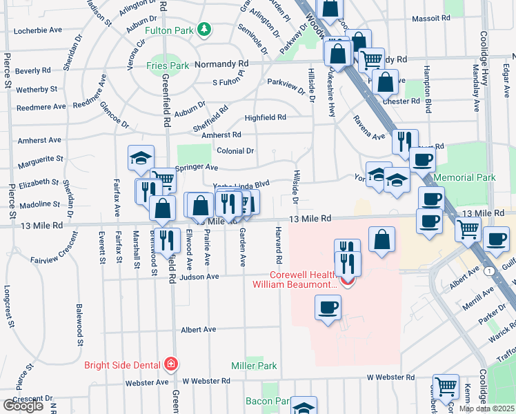 map of restaurants, bars, coffee shops, grocery stores, and more near 4044 13 Mile Road in Royal Oak