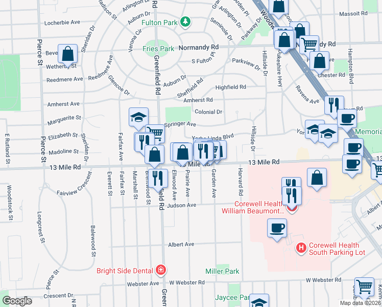 map of restaurants, bars, coffee shops, grocery stores, and more near in Royal Oak