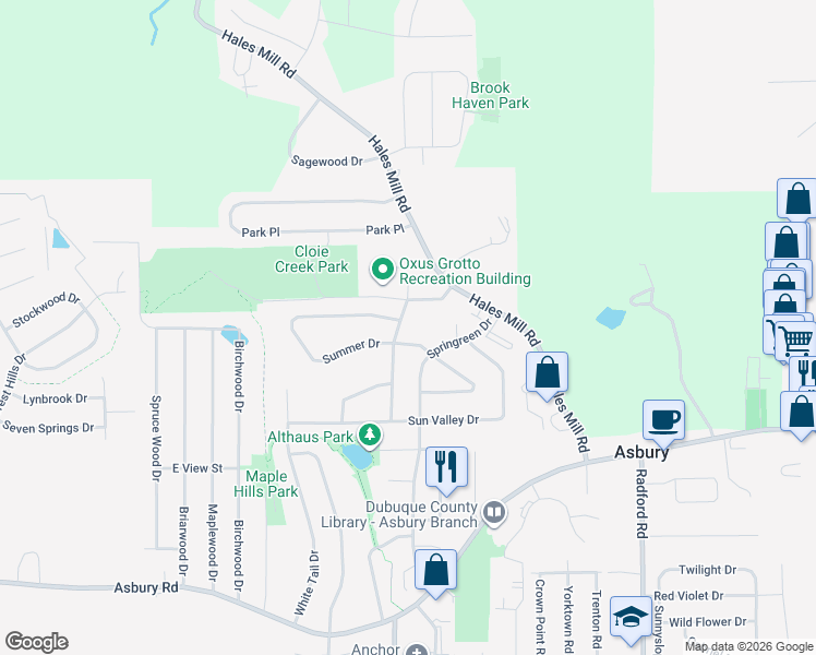 map of restaurants, bars, coffee shops, grocery stores, and more near 2730 Autumn Drive in Dubuque