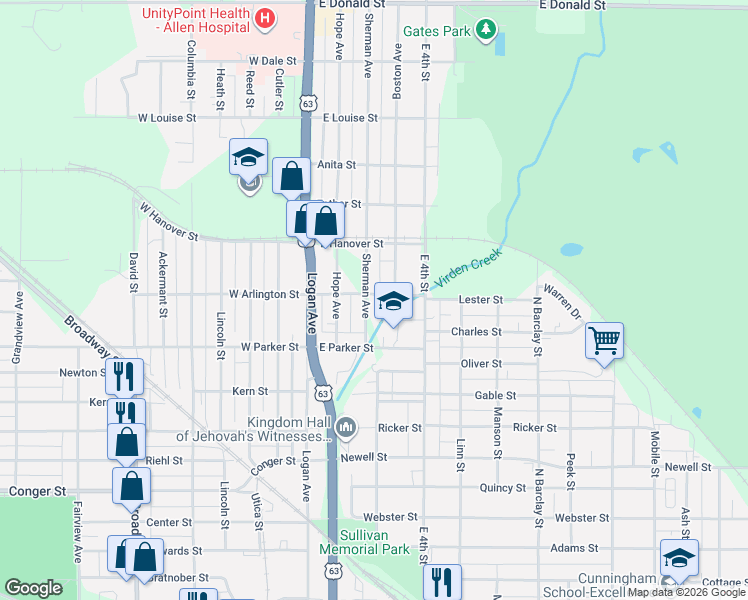 map of restaurants, bars, coffee shops, grocery stores, and more near 127 Sherman Avenue in Waterloo
