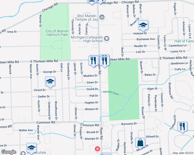 map of restaurants, bars, coffee shops, grocery stores, and more near 3832 Dawn Drive in Warren