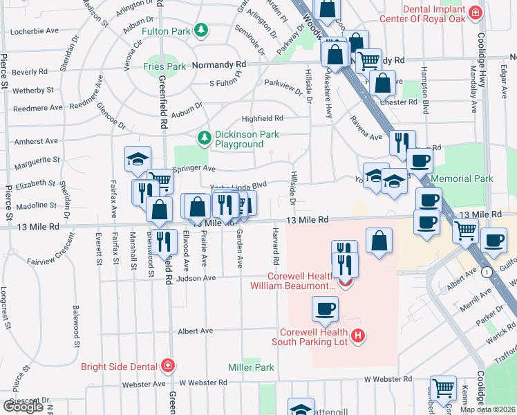 map of restaurants, bars, coffee shops, grocery stores, and more near 4005 13 Mile Road in Royal Oak