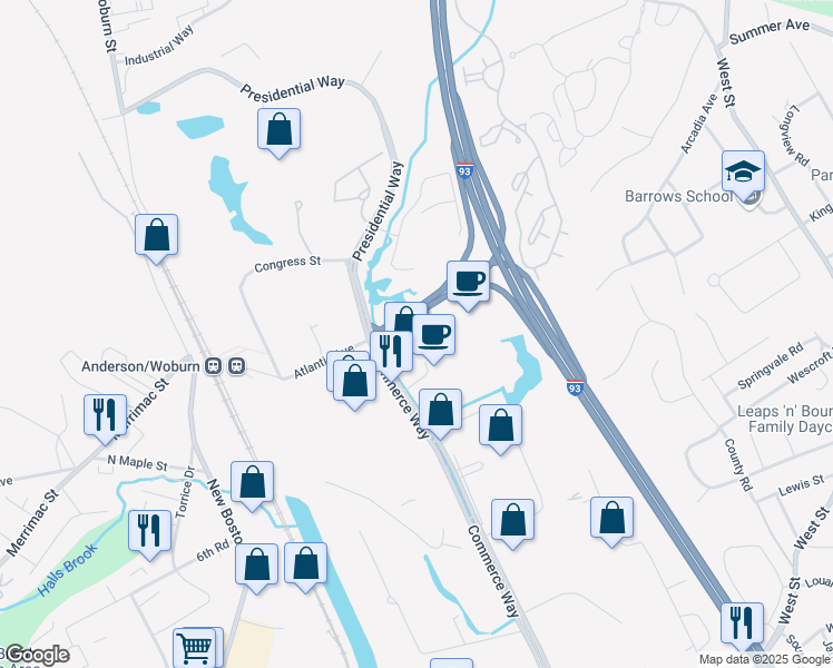 map of restaurants, bars, coffee shops, grocery stores, and more near 101 Commerce Way in Woburn