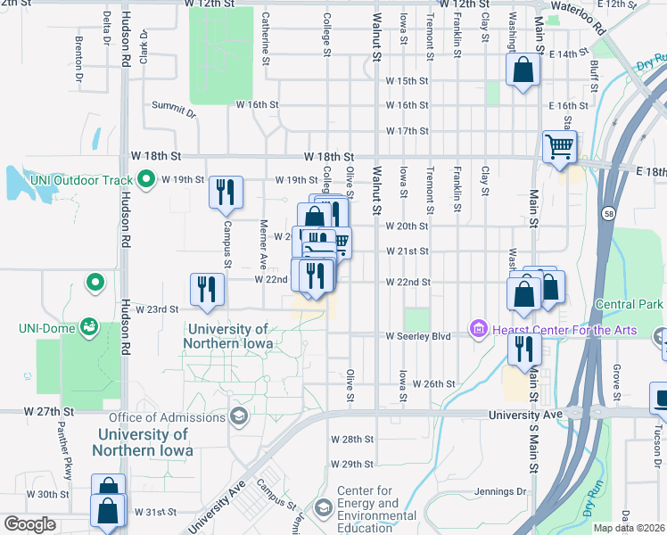 map of restaurants, bars, coffee shops, grocery stores, and more near 2022 College Street in Cedar Falls