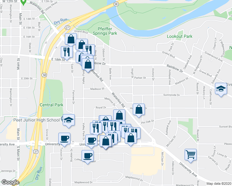 map of restaurants, bars, coffee shops, grocery stores, and more near 2130 Waterloo Road in Cedar Falls
