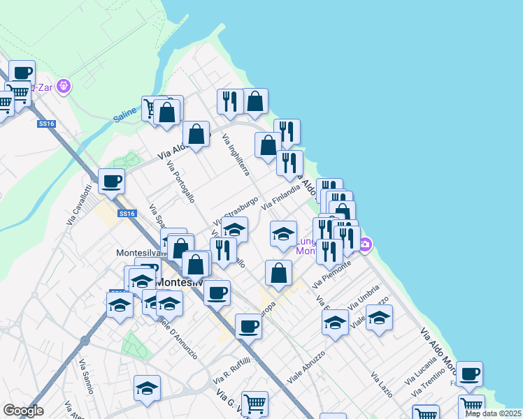 map of restaurants, bars, coffee shops, grocery stores, and more near Via Finlandia in Montesilvano