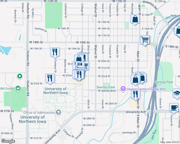 map of restaurants, bars, coffee shops, grocery stores, and more near 2116 Olive Street in Cedar Falls