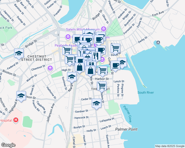 map of restaurants, bars, coffee shops, grocery stores, and more near 89 Lafayette Street in Salem