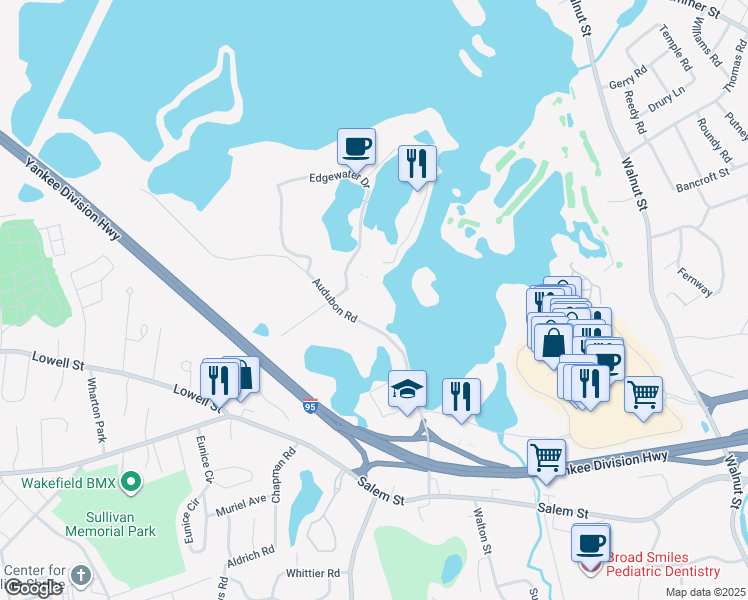 map of restaurants, bars, coffee shops, grocery stores, and more near 101 Edgewater Drive in Wakefield