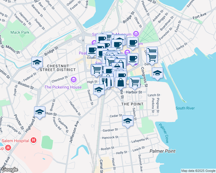 map of restaurants, bars, coffee shops, grocery stores, and more near 29 New Derby Street in Salem