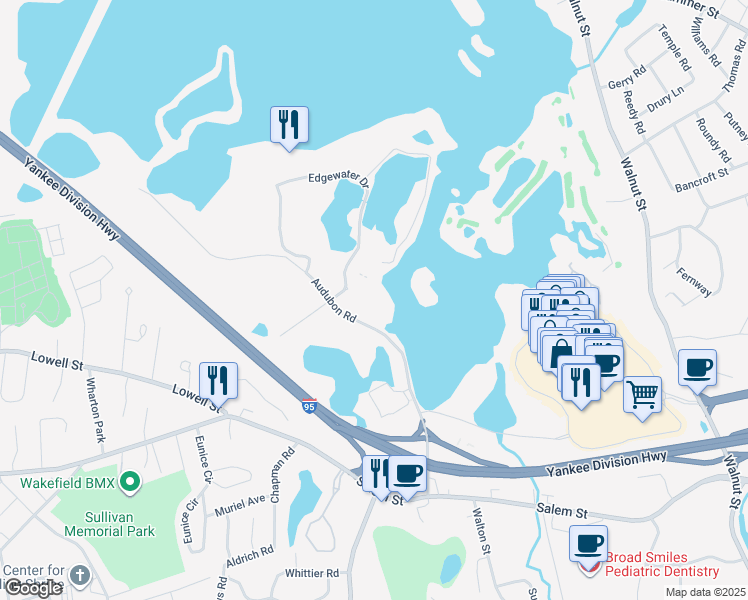 map of restaurants, bars, coffee shops, grocery stores, and more near 101 Edgewater Drive in Wakefield