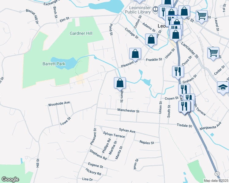 map of restaurants, bars, coffee shops, grocery stores, and more near 49 Colburn Street in Leominster