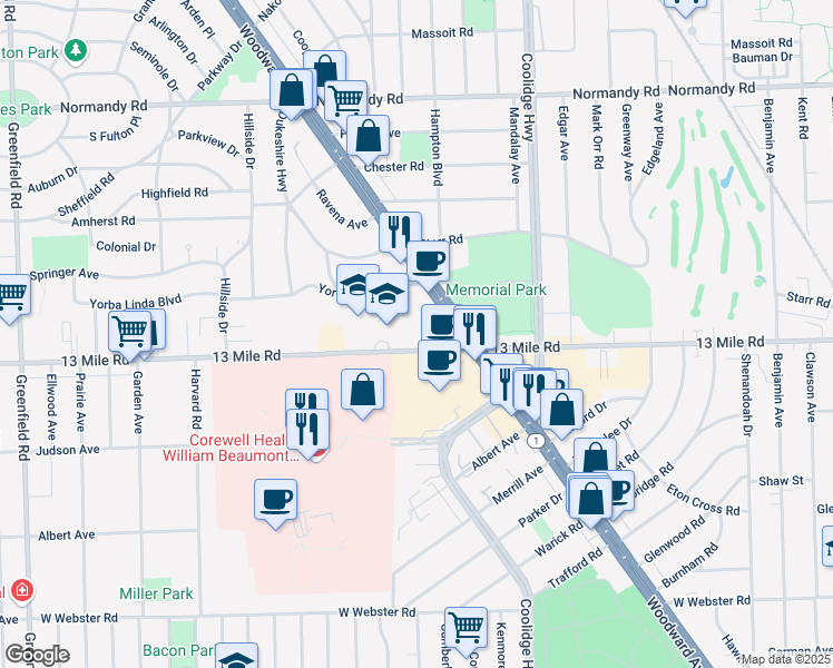 map of restaurants, bars, coffee shops, grocery stores, and more near 31157 Woodward Avenue in Royal Oak