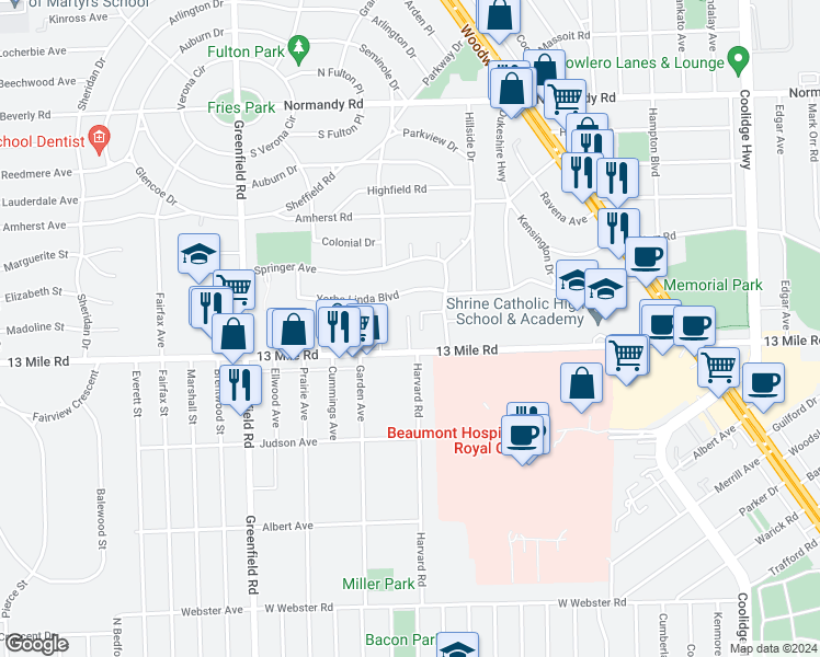 map of restaurants, bars, coffee shops, grocery stores, and more near 4025 Yorba Linda Boulevard in Royal Oak
