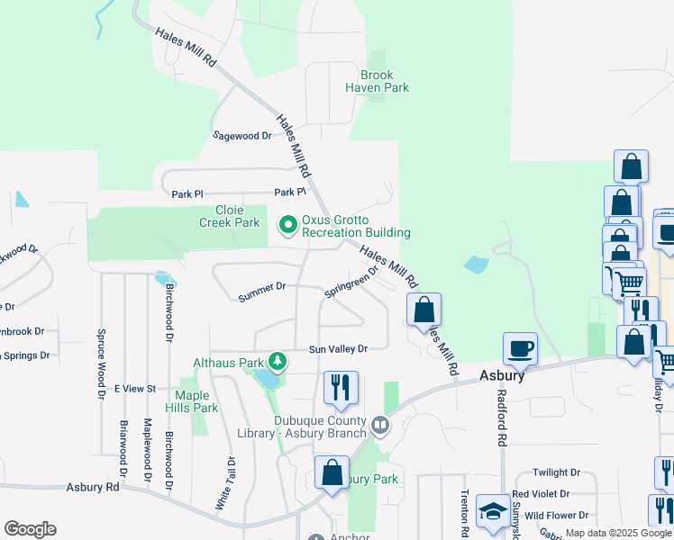 map of restaurants, bars, coffee shops, grocery stores, and more near 2993 Hales Mill Road in Asbury
