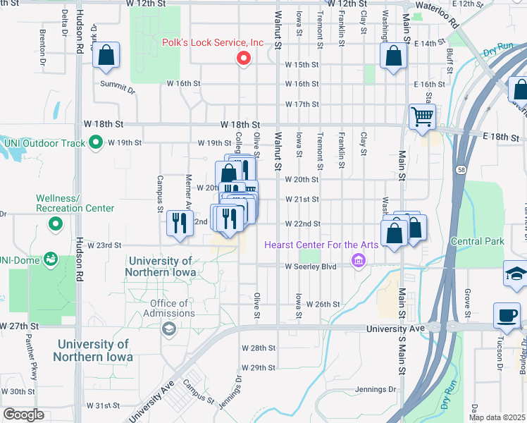 map of restaurants, bars, coffee shops, grocery stores, and more near 709 West 21st Street in Cedar Falls