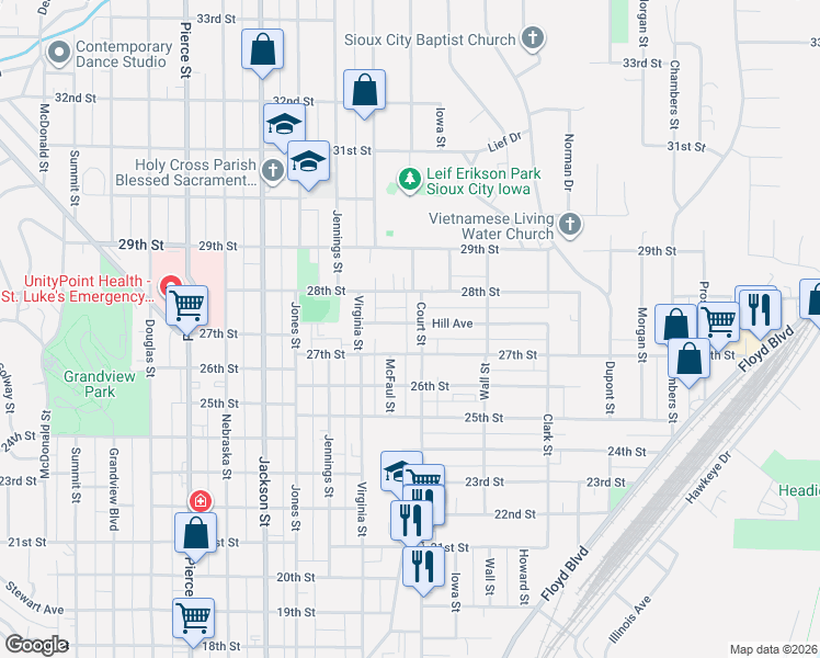 map of restaurants, bars, coffee shops, grocery stores, and more near 2758-2798 Court St in Sioux City
