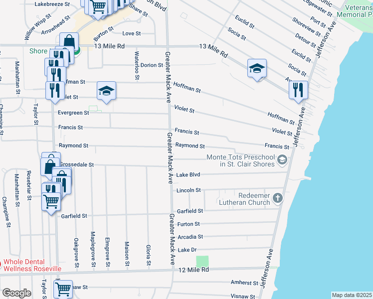 map of restaurants, bars, coffee shops, grocery stores, and more near 22442 Francis Street in St. Clair Shores