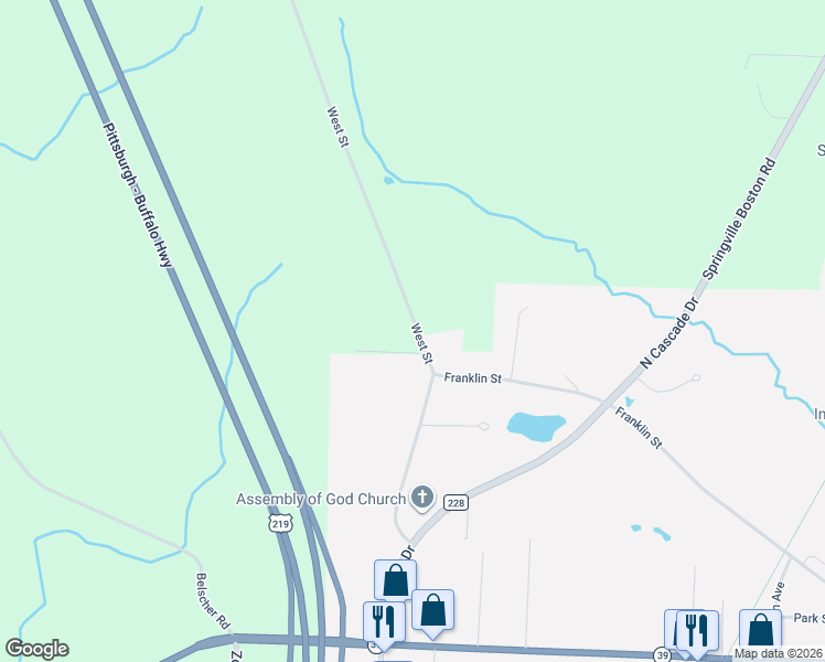 map of restaurants, bars, coffee shops, grocery stores, and more near 13174 Transit Line Road in Springville