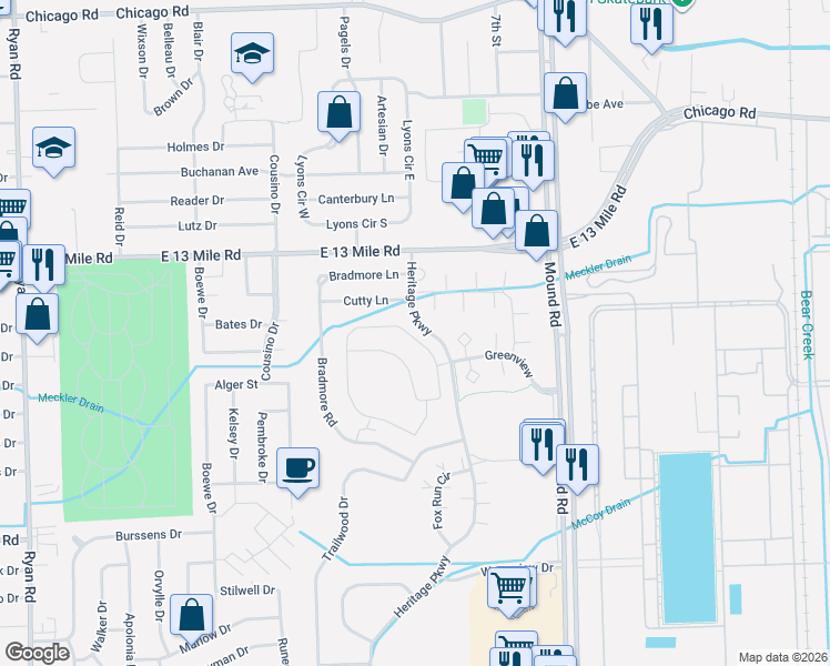map of restaurants, bars, coffee shops, grocery stores, and more near 13 Mile in Warren